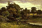 landscape, boat moored near stream, man walking in foreground by Edward Mitchell Bannister